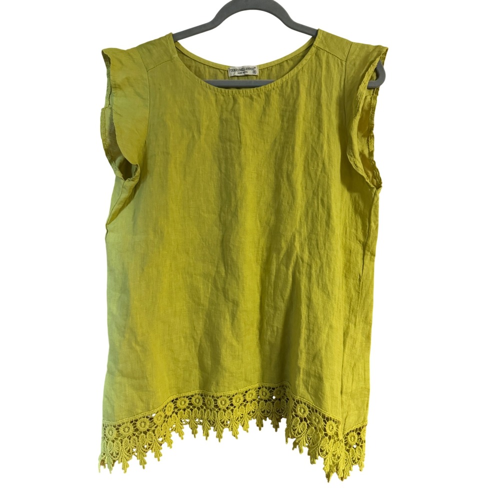 Terzo Millennio Italy Linen Crochet Lace Trim Flutter Sleeve Top Chartreuse M